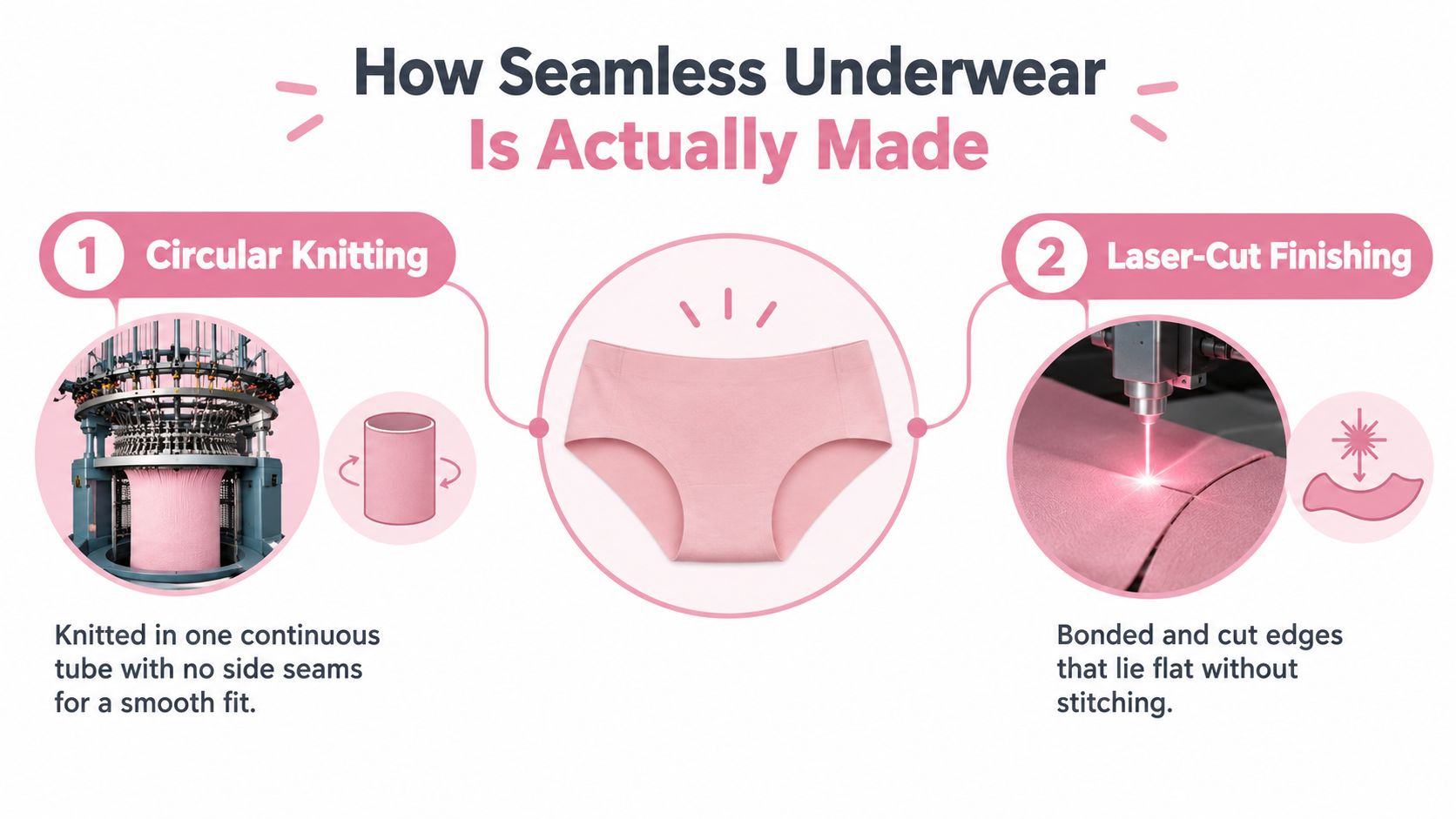 A diagram illustrating how seamless underwear is manufactured through circular knitting and laser-cut finishing processes.