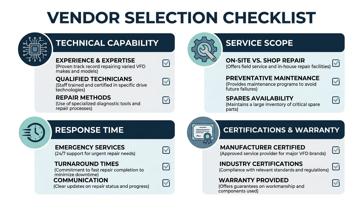 A vendor selection checklist for choosing a professional VFD repair services provider, featuring four key assessment criteria.