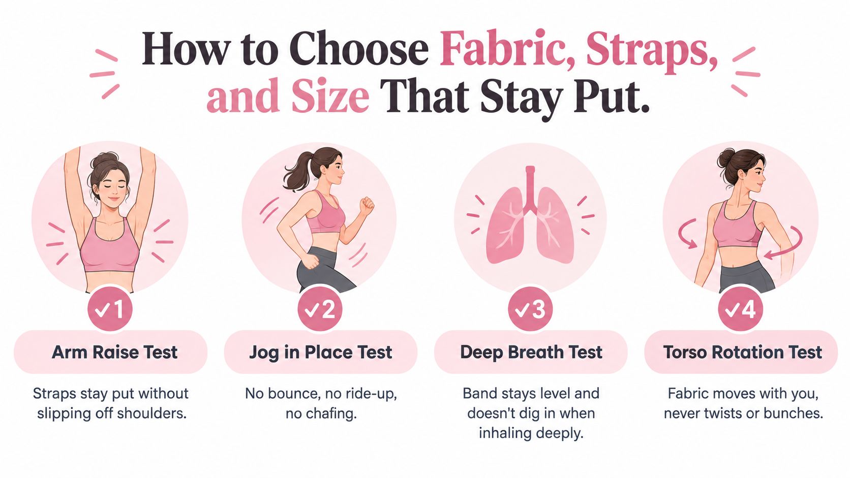 A guide illustrating four physical tests to ensure a sports bra fits correctly and stays in place.