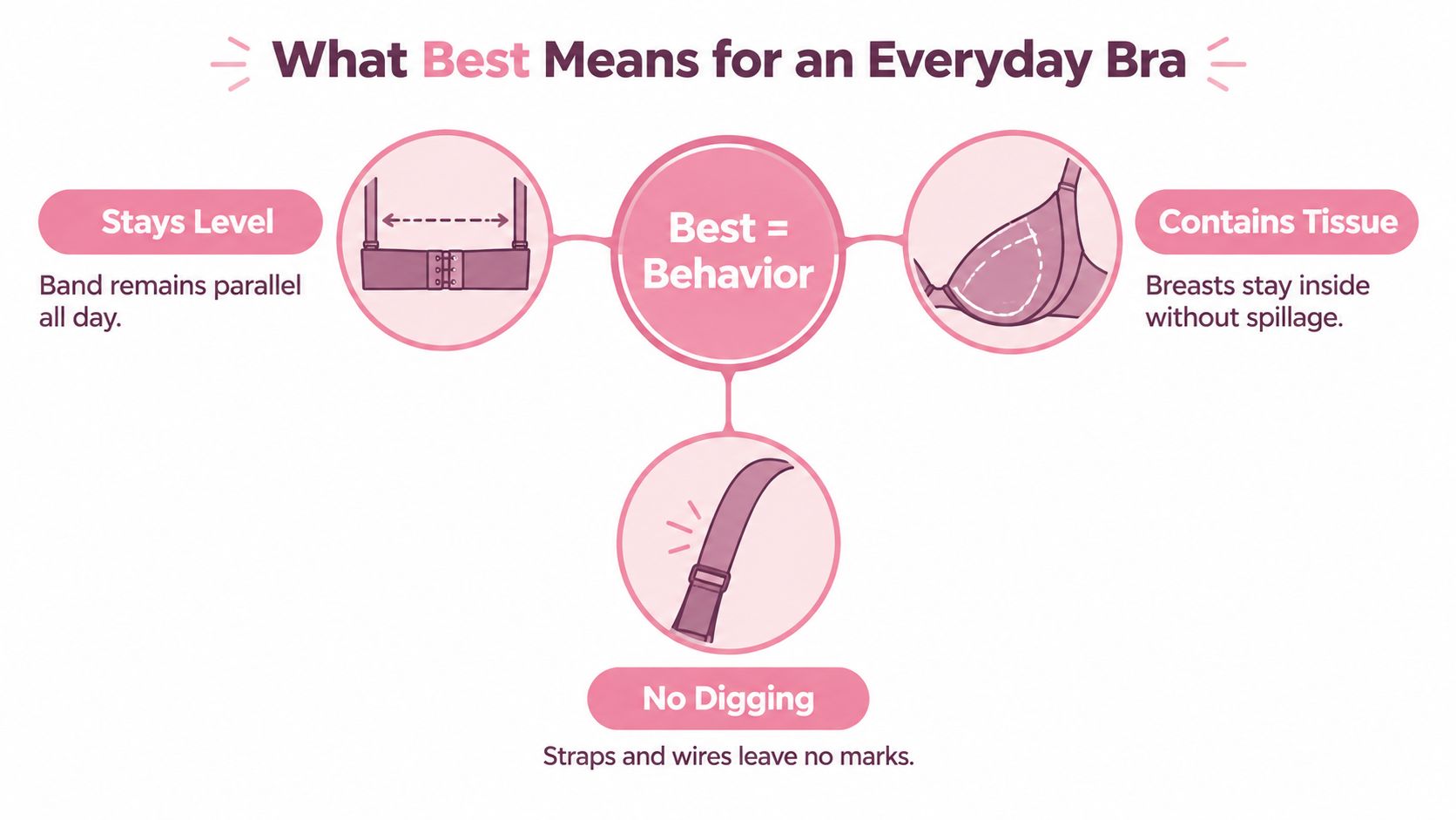 An infographic showing three essential traits for the best everyday bra: level band, contained tissue, and no digging.