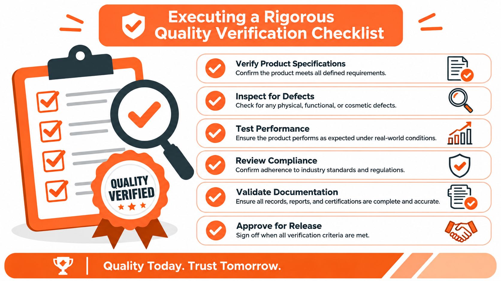 A professional quality verification checklist infographic outlining steps to ensure product excellence and regulatory compliance.