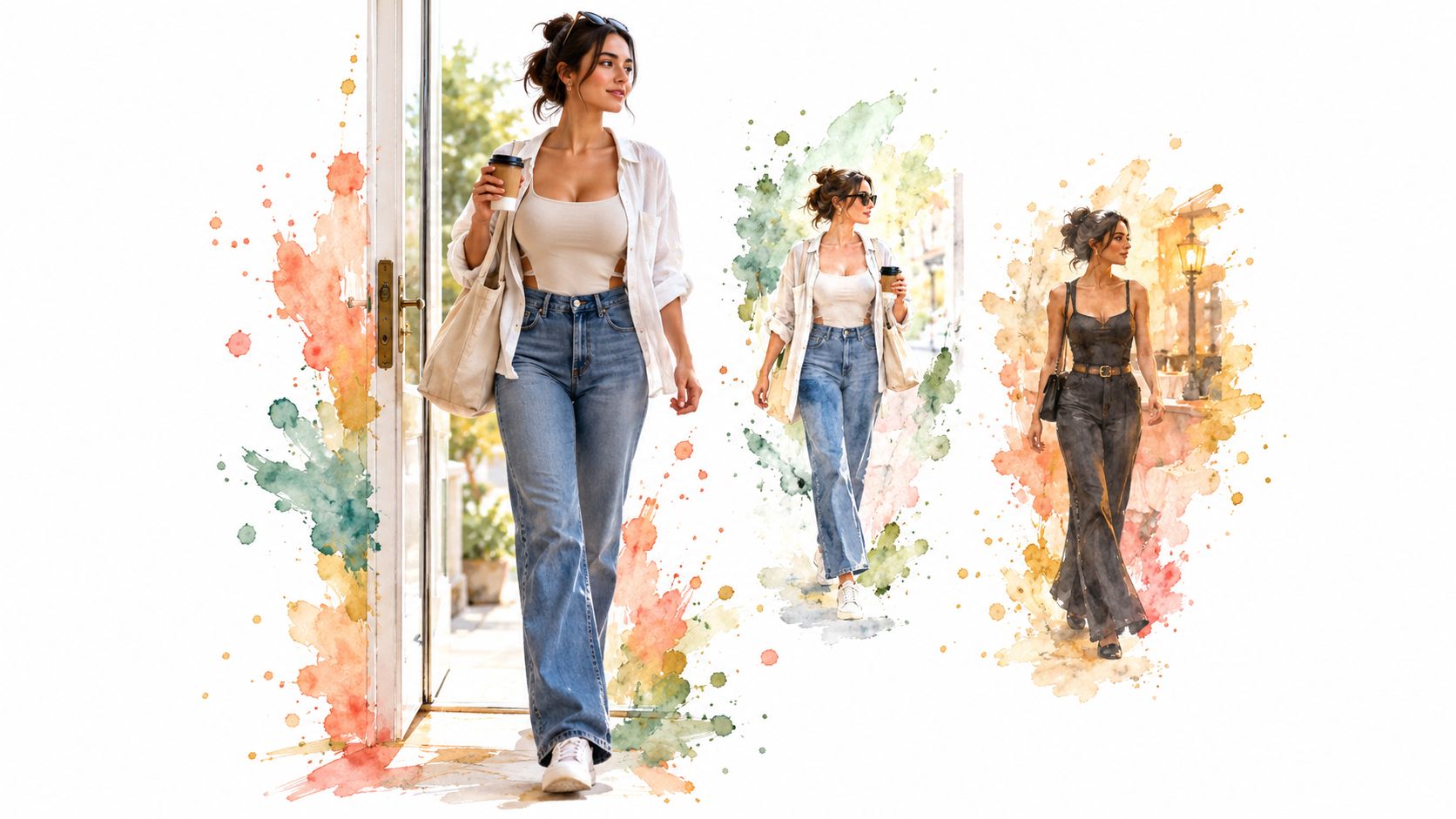 A trendy woman wearing camisoles with built in padded bra, blue jeans, and an open white shirt.