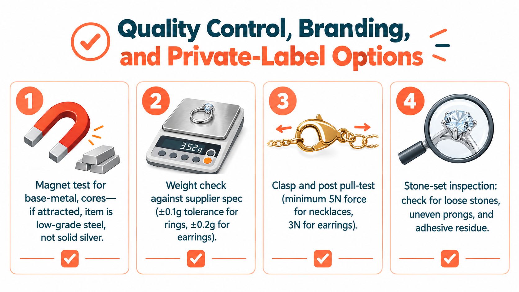 An infographic showing four quality control steps for inspecting jewelry, including magnetism, weight, pull, and stone checks.
