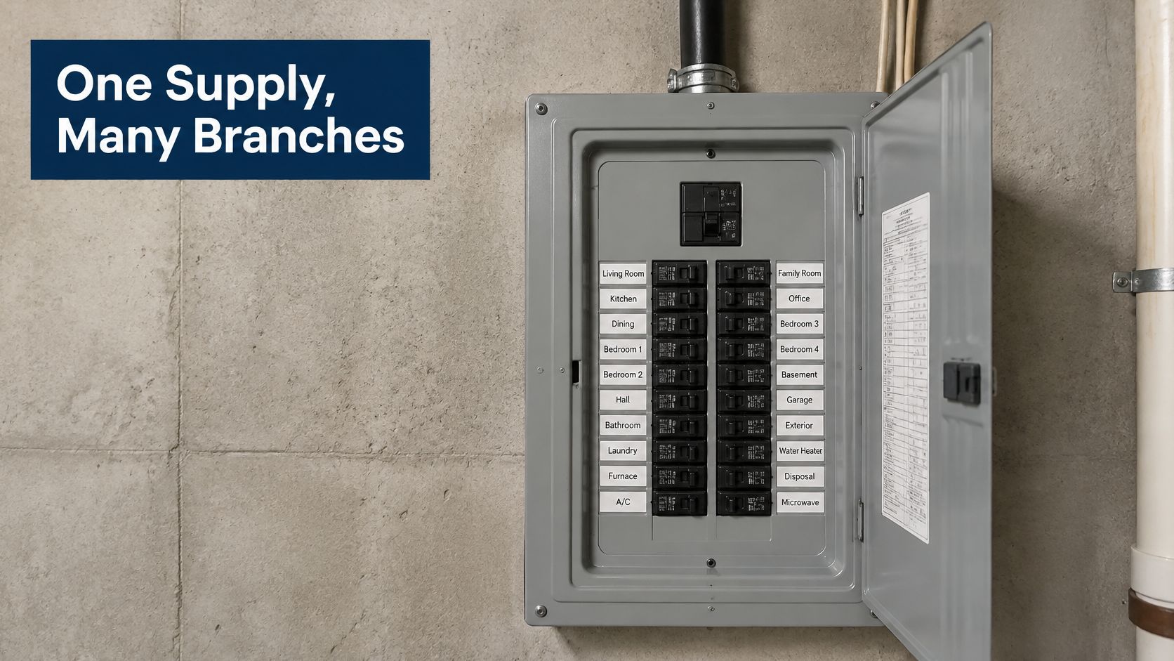 An electrical load center mounted on a grey concrete wall with labels for various room circuits.