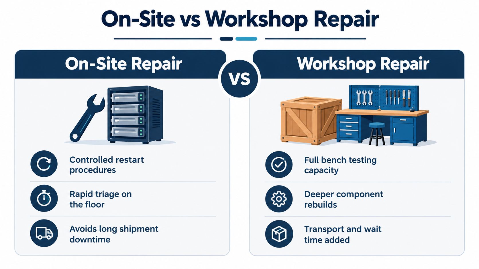 A comparison infographic between on-site repair and workshop repair for industrial or technical equipment.