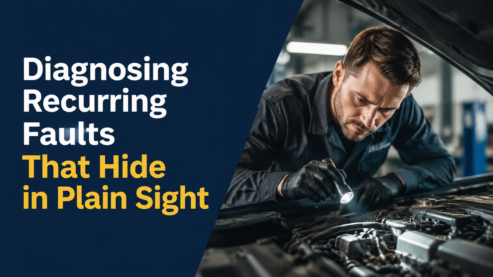 A professional mechanic inspects an open car engine with a flashlight to diagnose recurring vehicle faults.