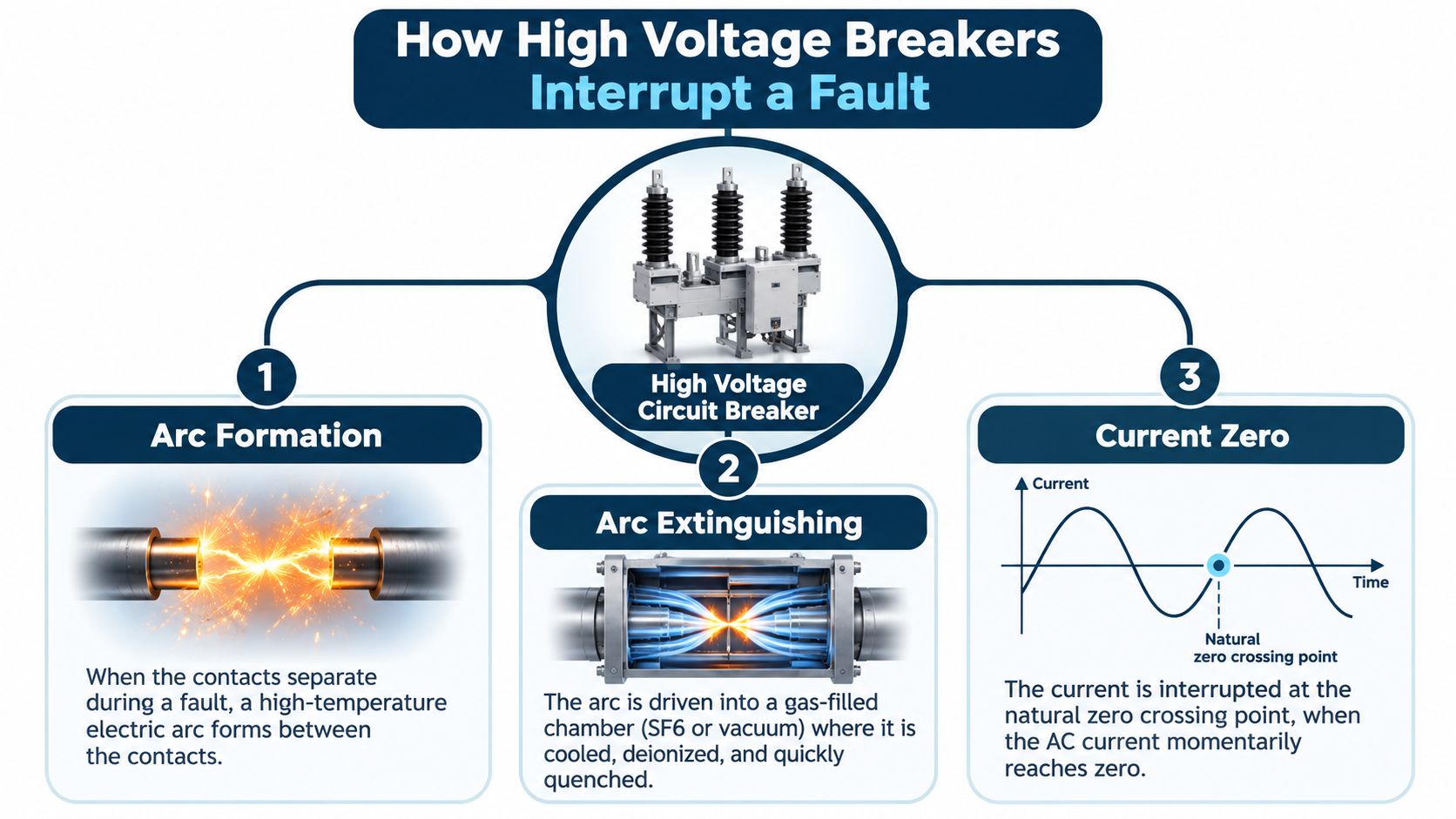 A diagram illustrating the three steps of how high voltage circuit breakers interrupt an electrical fault.