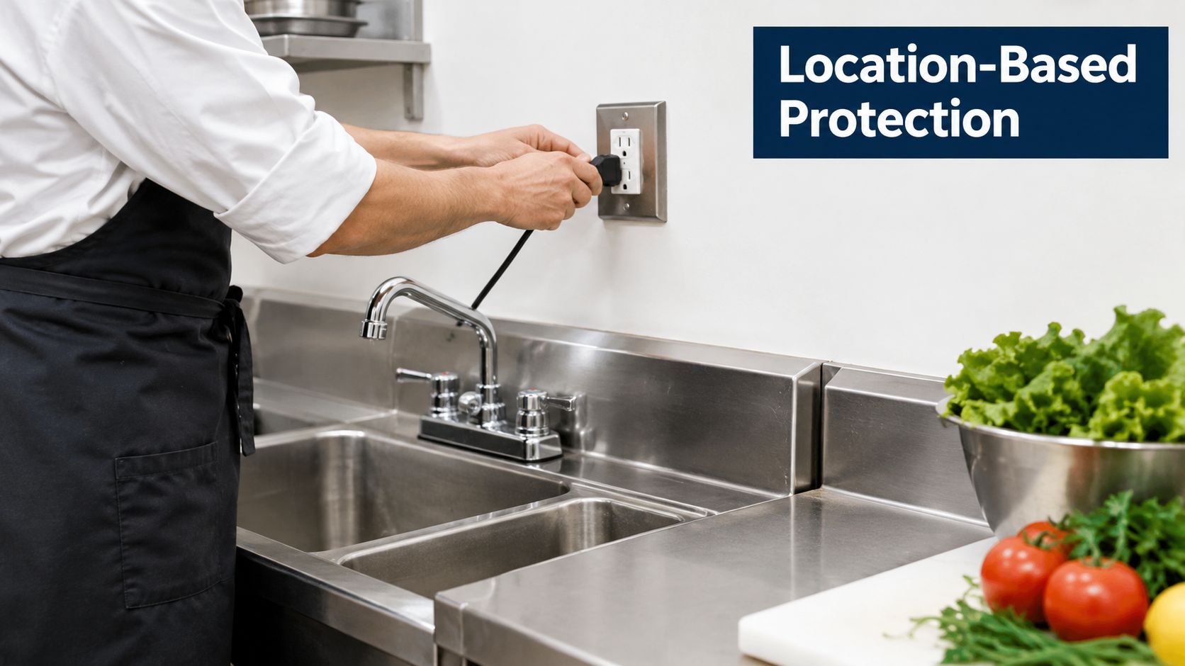 A chef plugging an electrical device into a wall outlet near a kitchen sink for safety.