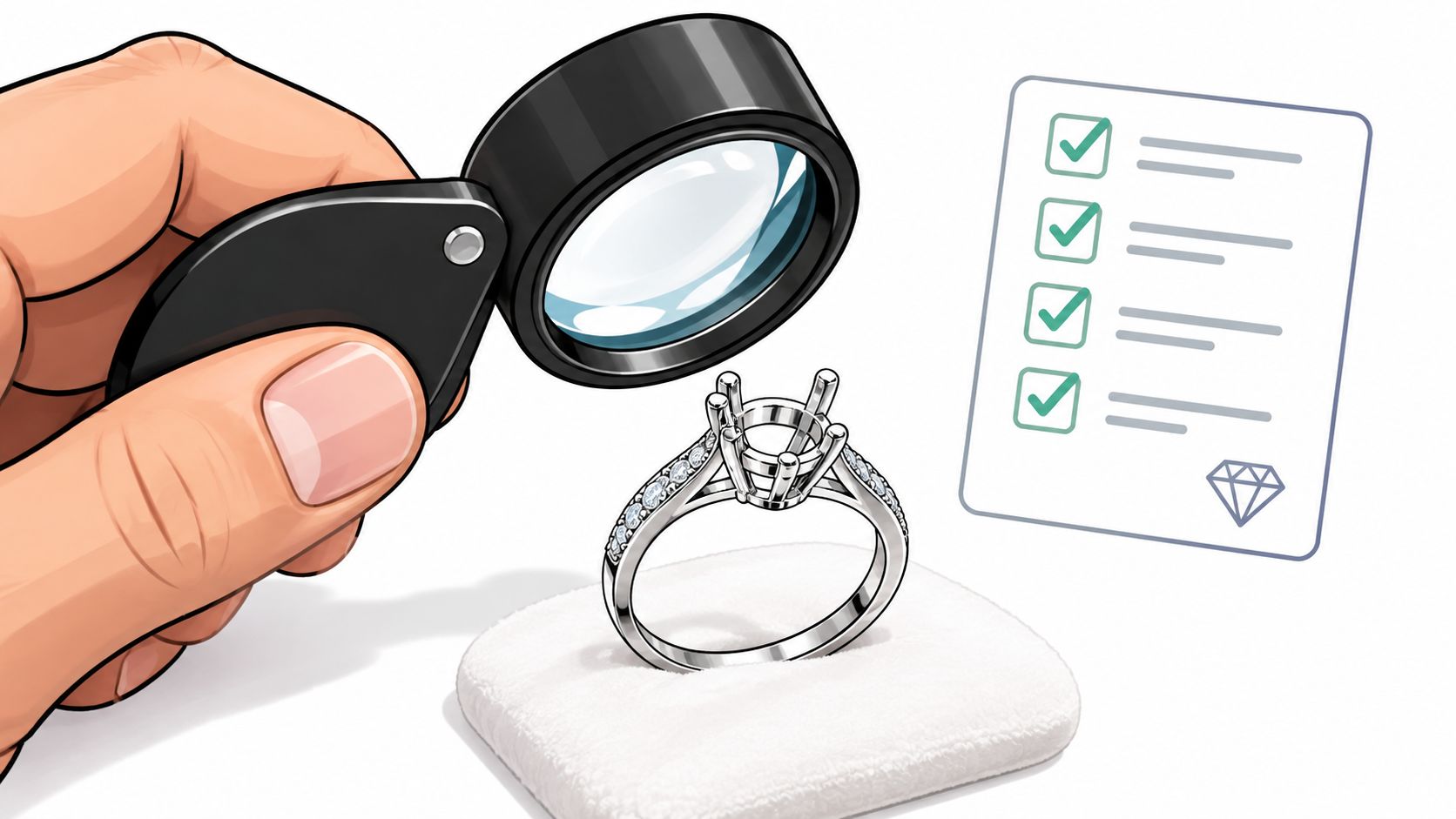 A jeweler's hand holding a magnifying loupe over a diamond engagement ring setting with a quality checklist.
