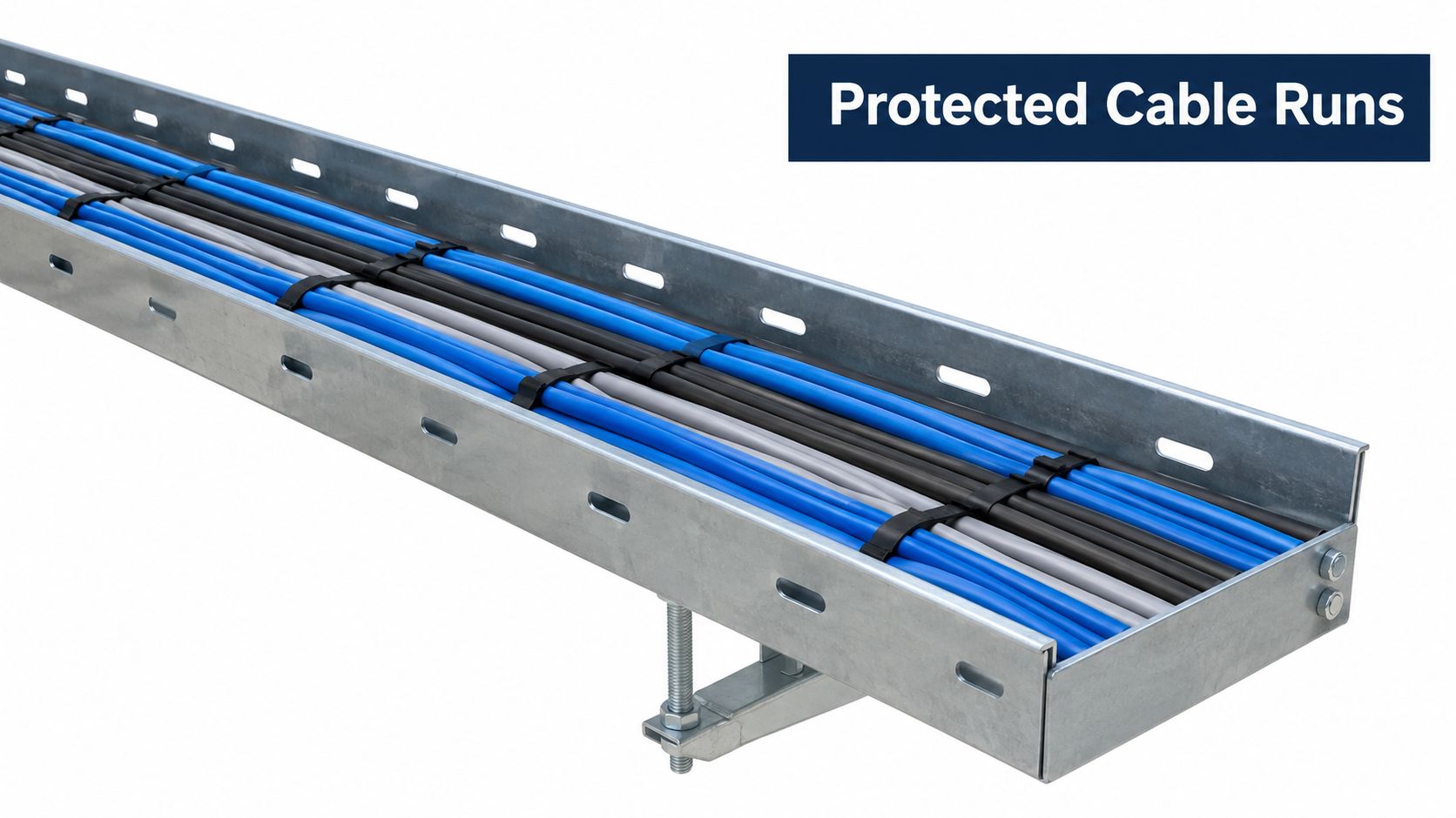 A steel cable tray system containing organized blue, gray, and black cables secured with black plastic ties.
