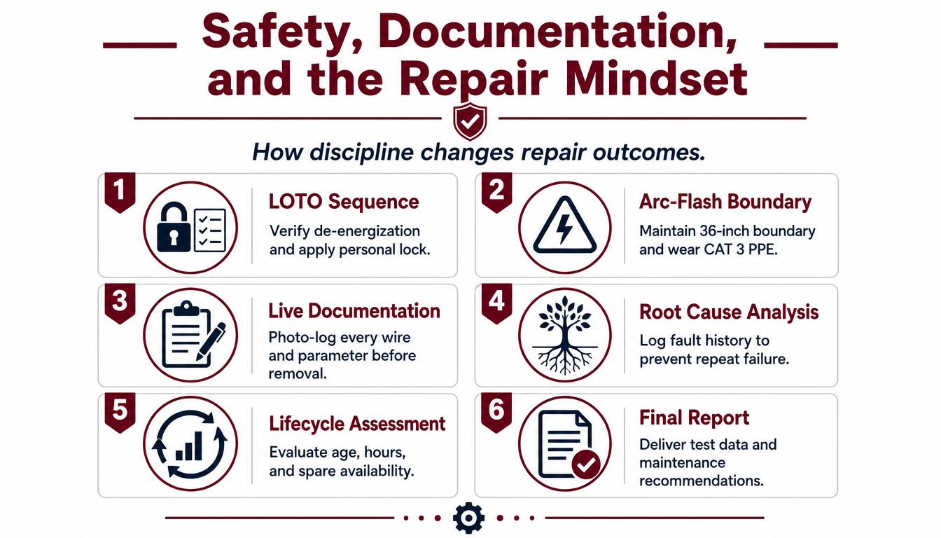 An infographic detailing six essential steps for safety, documentation, and a disciplined approach to industrial motor drive repair.