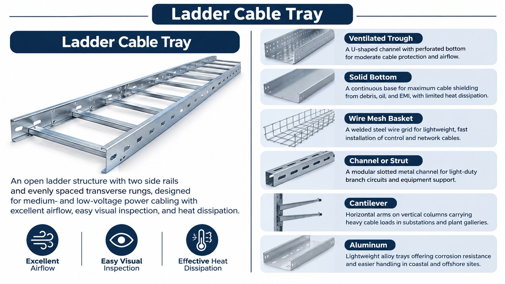 A detailed infographic showing a ladder cable tray and various other types of industrial cable tray systems.