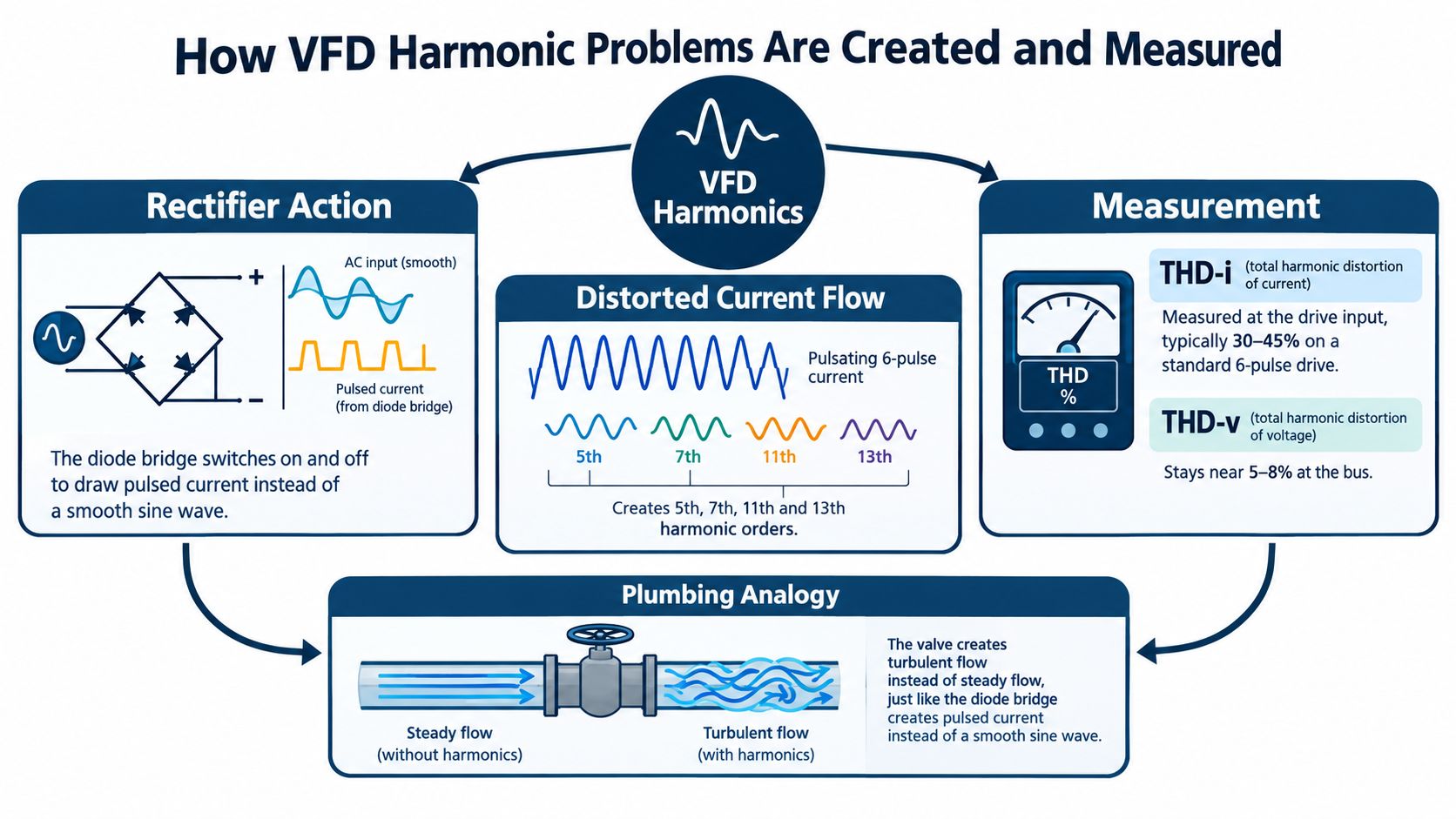 An infographic illustrating how VFD harmonics problems are created and measured using technical diagrams and a plumbing analogy.