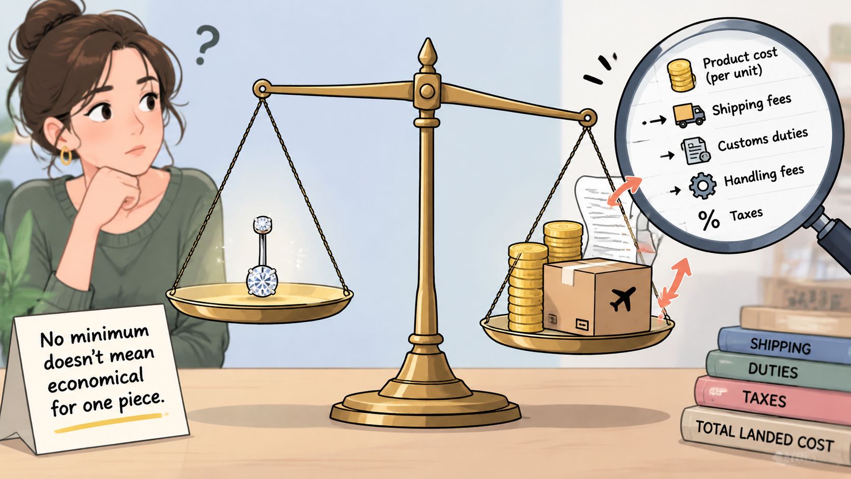 A woman looks at a scale balancing a single piece of jewelry against several hidden shipping costs.