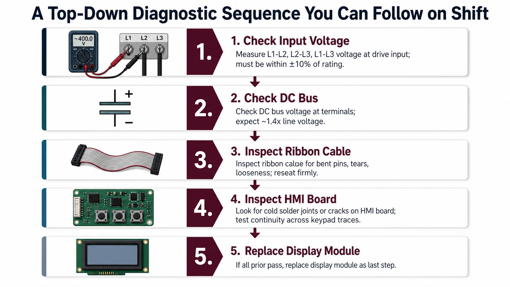 An infographic showing a five-step top-down diagnostic sequence for troubleshooting industrial drive components.