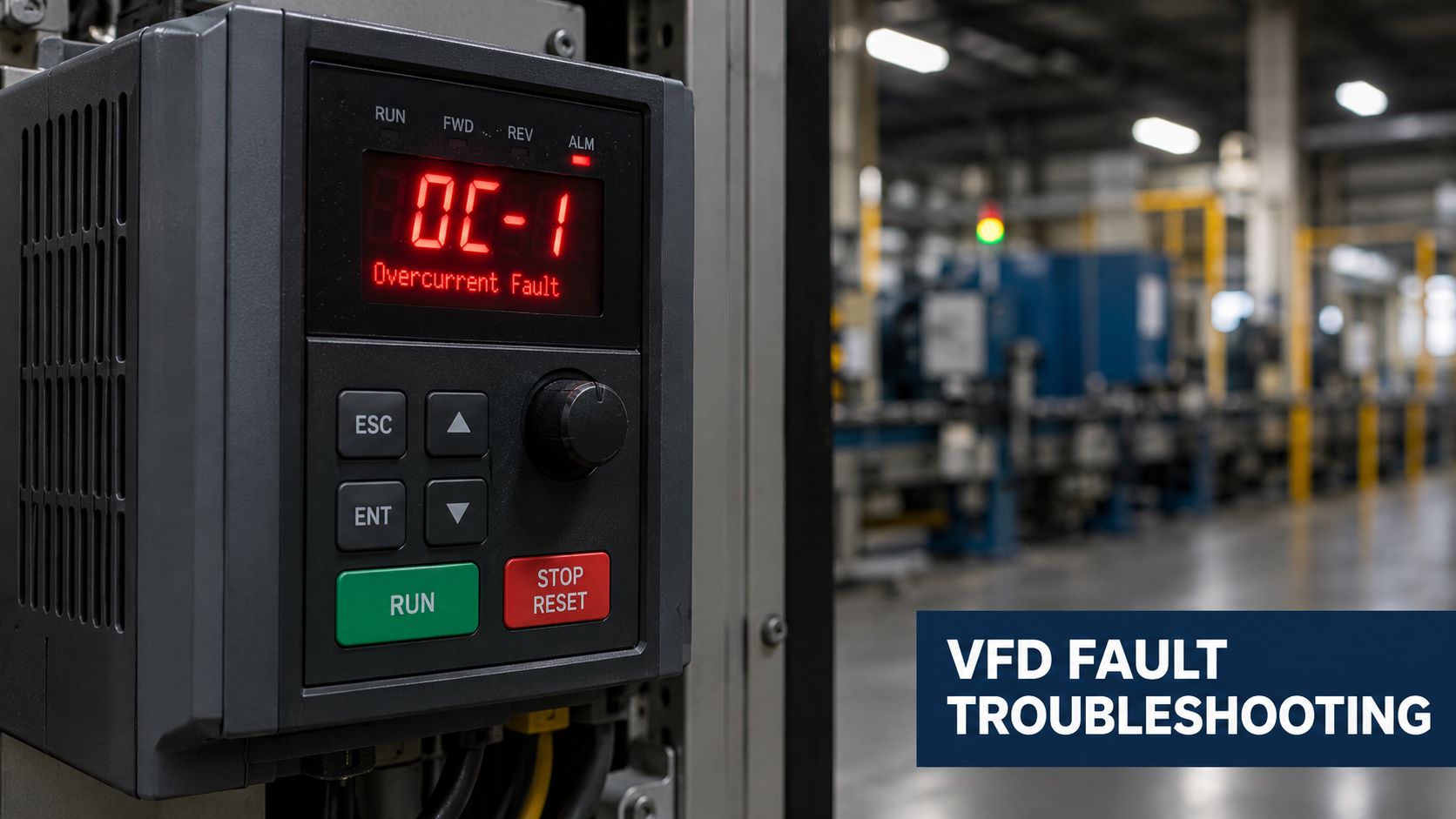 A Variable Frequency Drive displays an OC-1 Overcurrent Fault warning in a modern industrial factory setting.