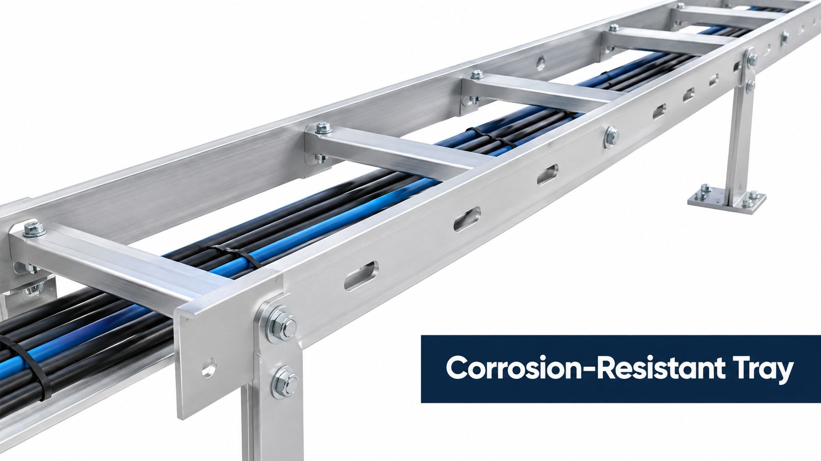 A close-up view of a metal cable tray system supporting blue and black electrical cables.