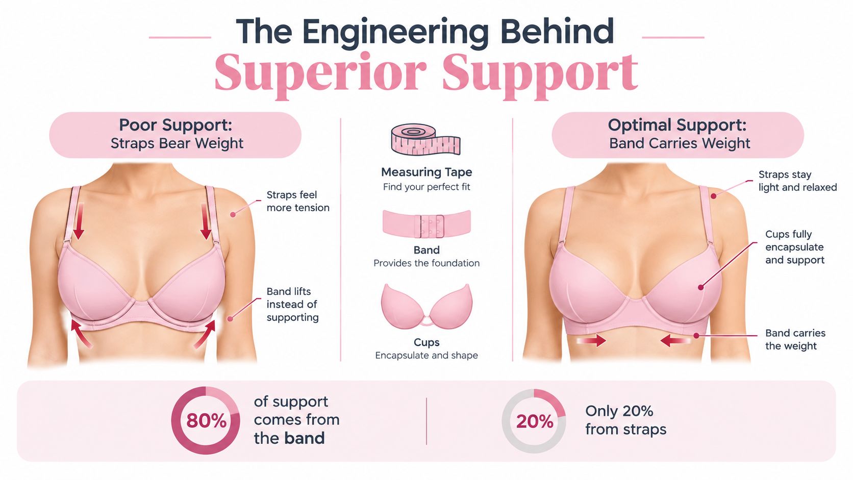 An infographic explaining how a bra's band should carry weight for optimal support instead of the straps.
