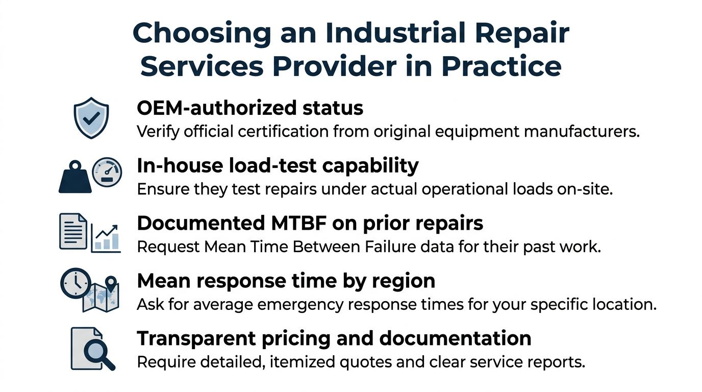 A checklist infographic outlining five key factors for selecting a professional industrial repair services provider.