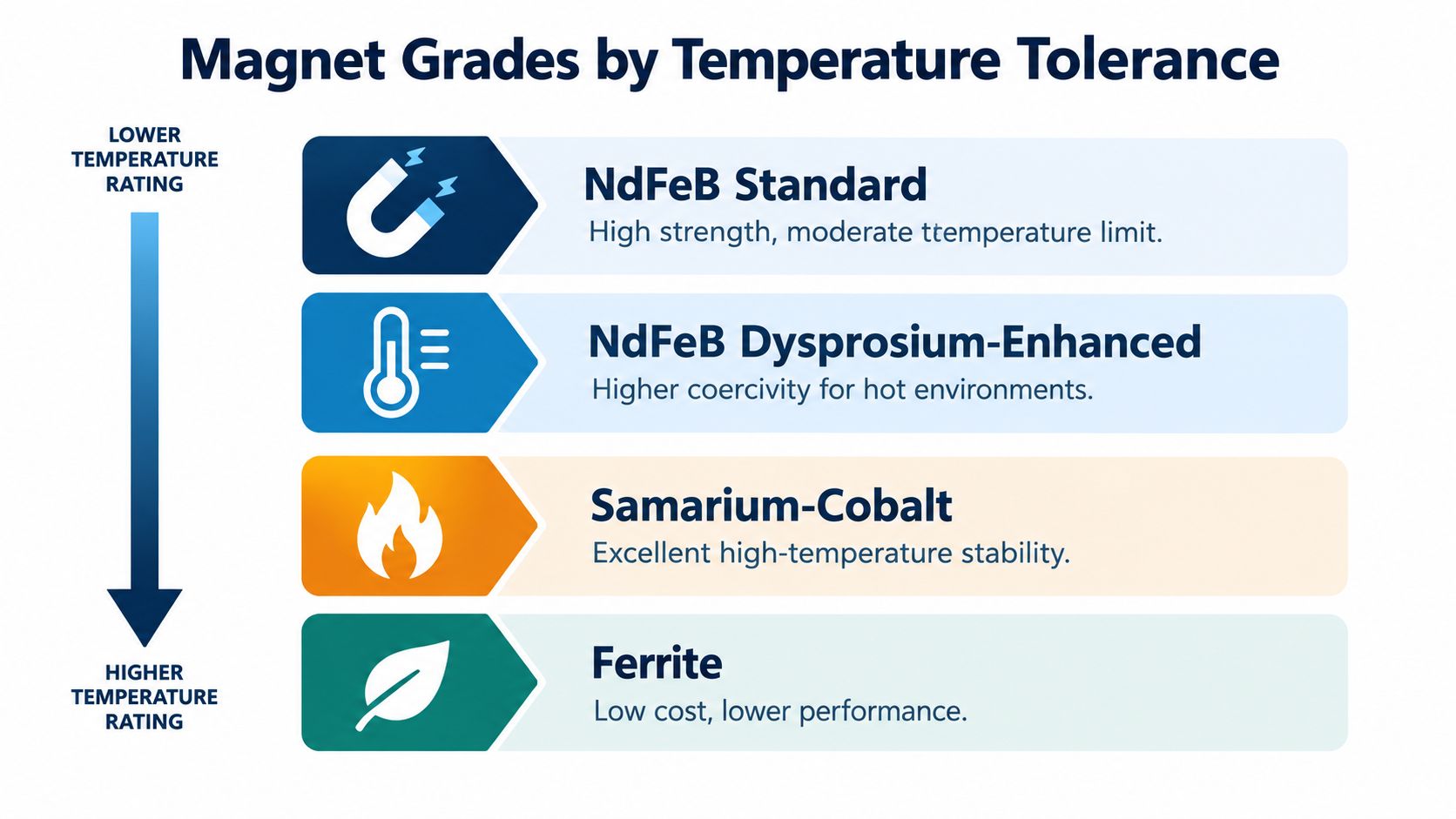 A chart comparing four magnet types by their temperature tolerance from standard to high performance.