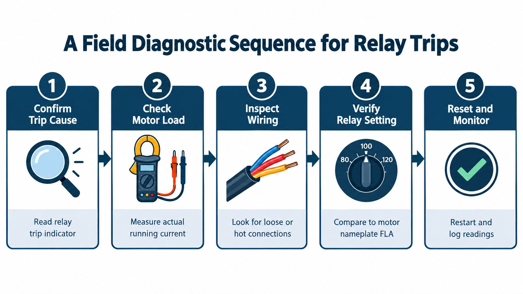 A five-step diagnostic sequence infographic for troubleshooting relay trips in industrial electric motors and systems.
