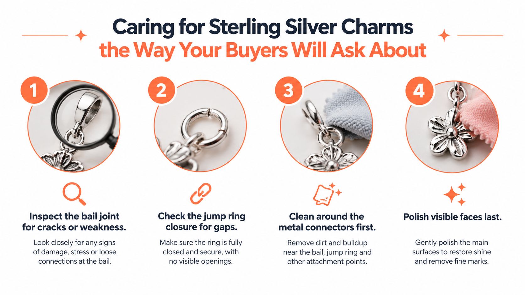 A step-by-step guide on how to inspect, clean, and polish sterling silver charms to ensure quality.