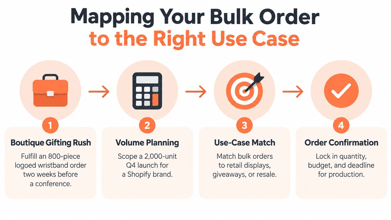 An infographic showing a four-step process for mapping bulk custom bracelet orders to specific use cases.