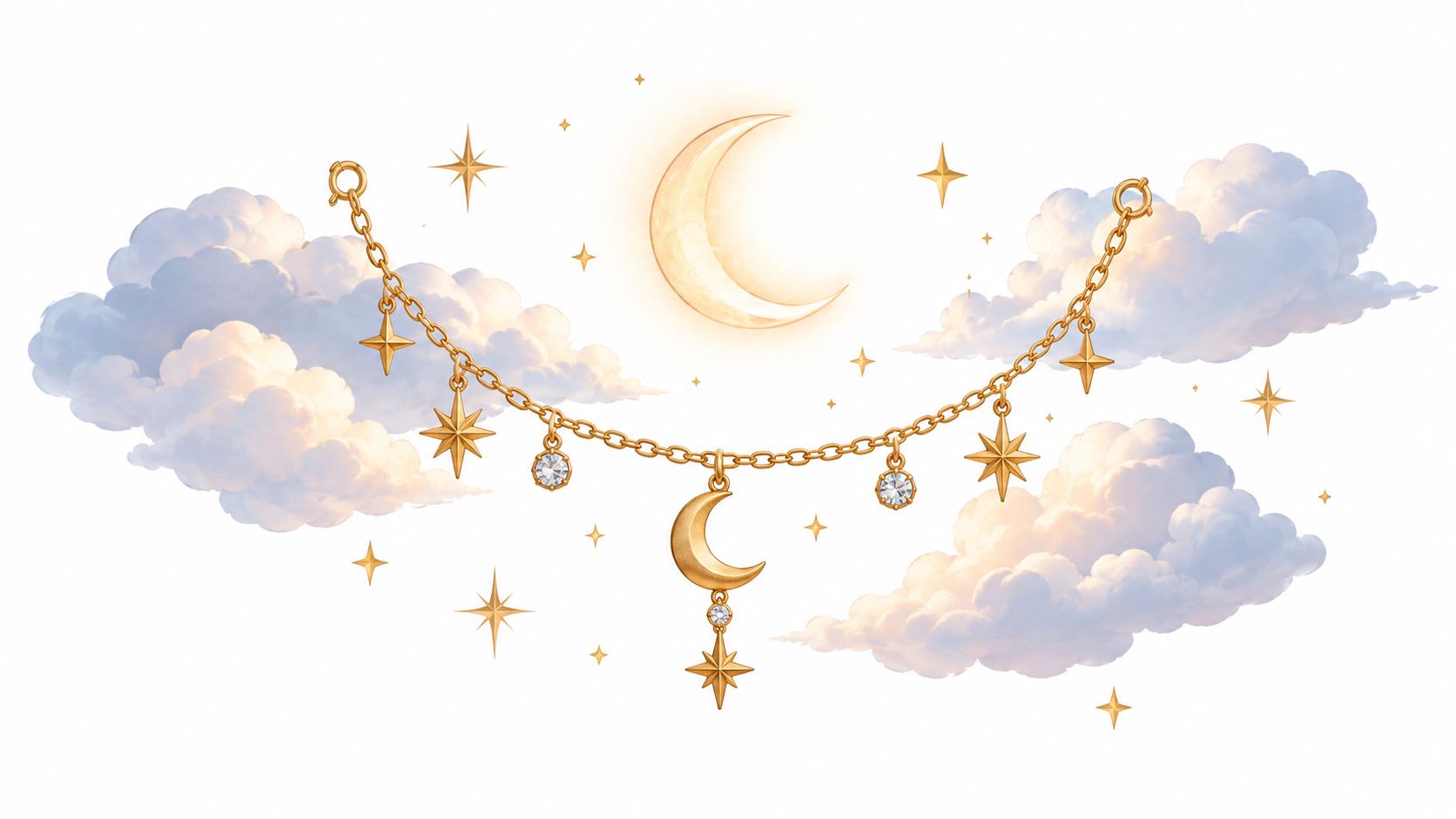 A delicate gold chain featuring celestial moon and star charms floating amidst soft, dreamy pastel clouds.