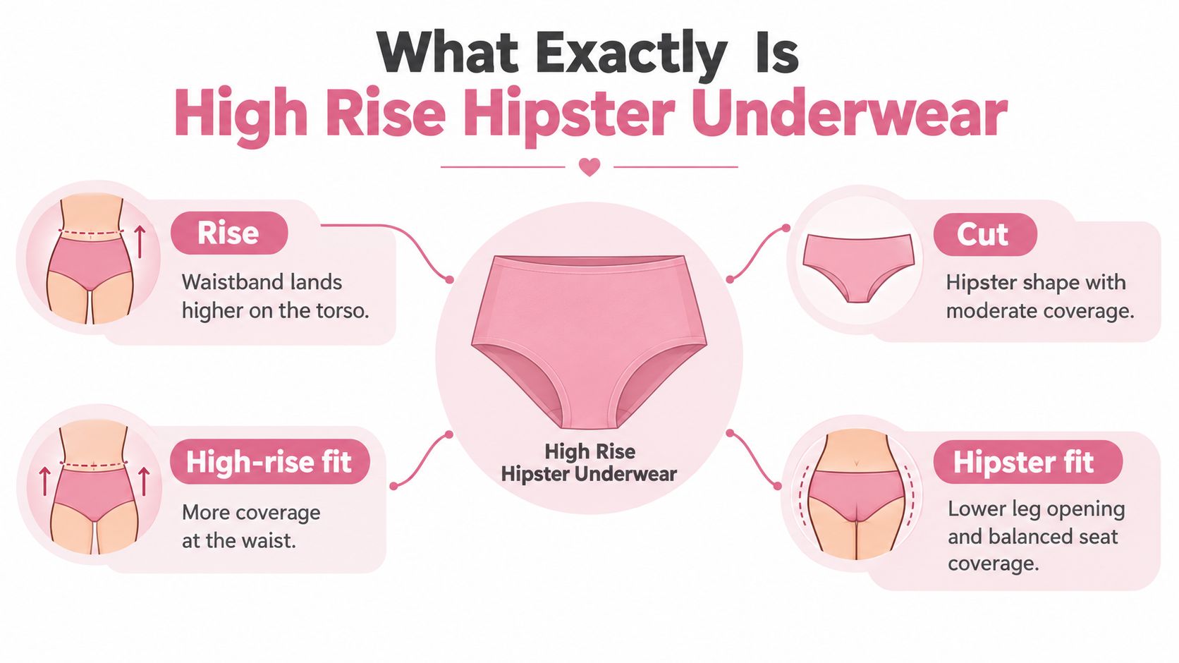 An infographic defining high rise hipster underwear by explaining its rise, fit, and coverage features.