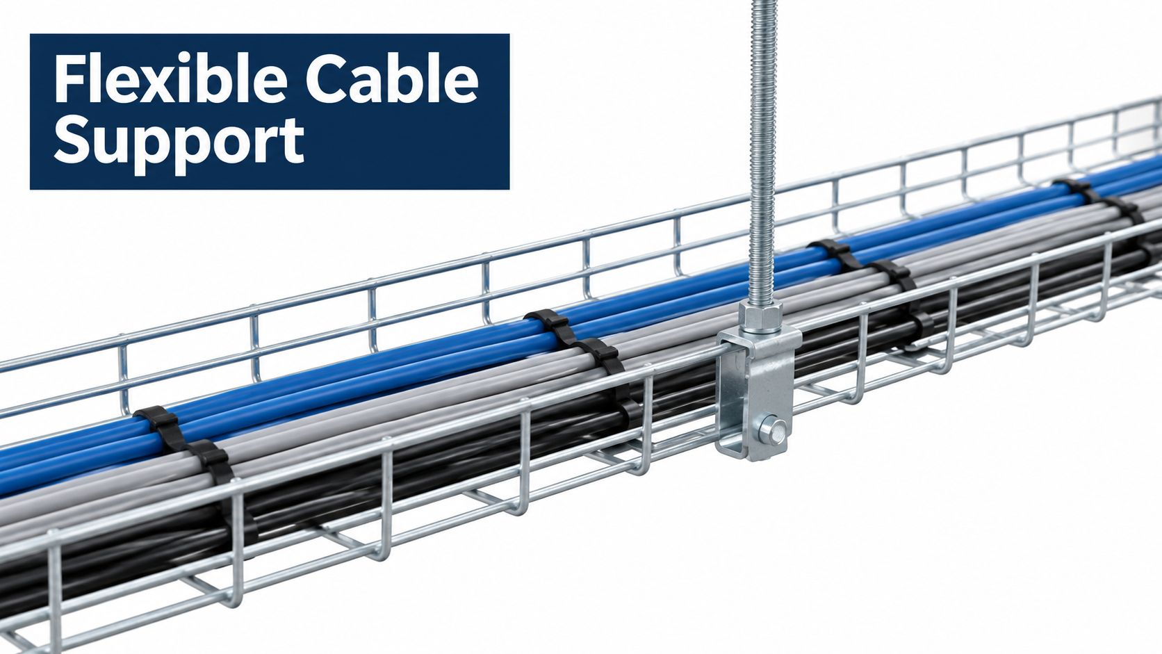 A steel wire mesh cable tray suspended from a threaded rod, holding bundled blue, grey, and black cables.