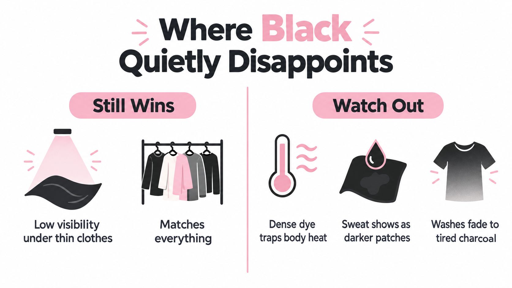 An infographic showing the advantages and disadvantages of wearing black clothing, focusing on visibility, style, and maintenance.