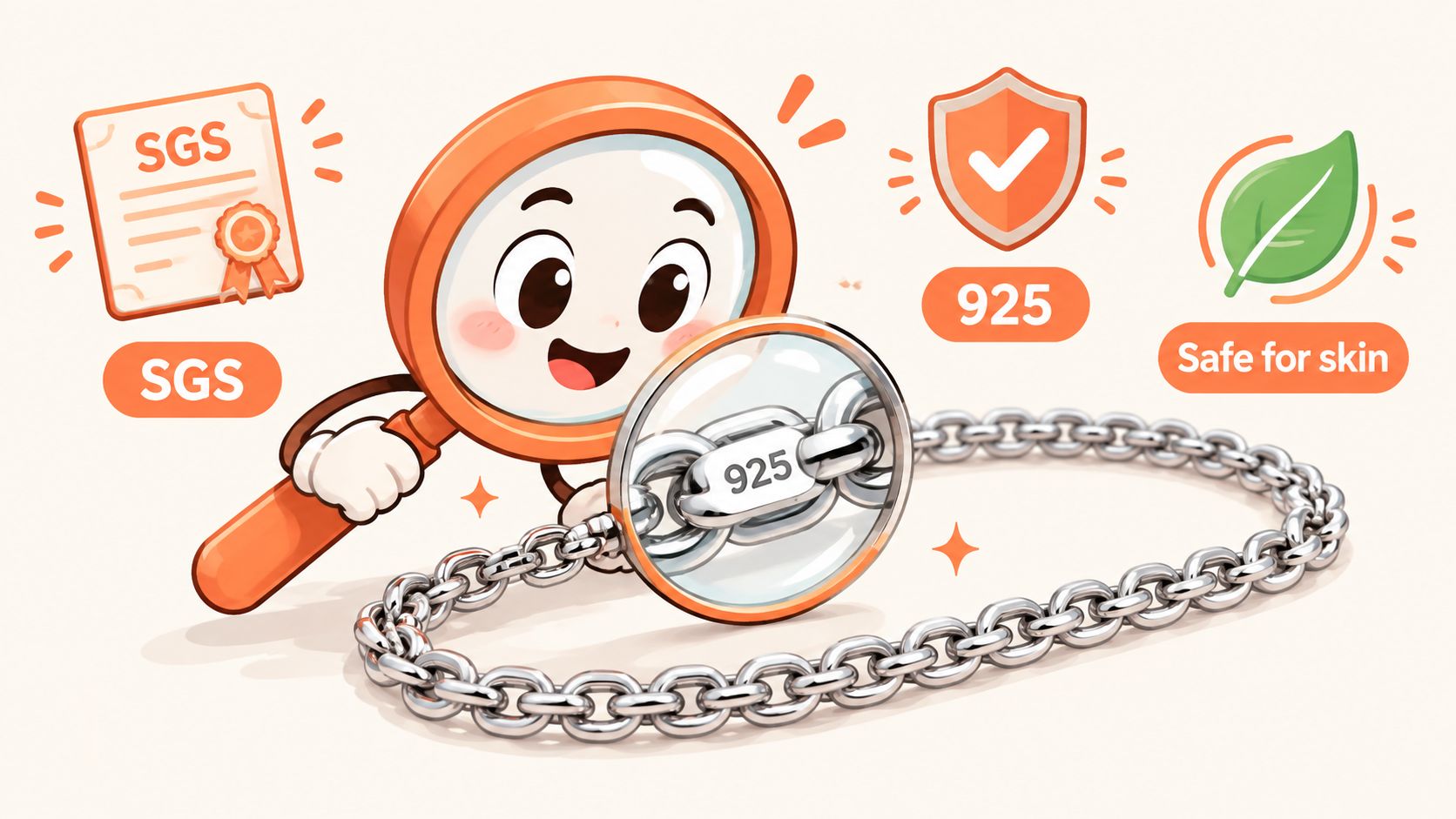 A friendly cartoon magnifying glass inspecting a sterling silver chain marked with a 925 quality stamp.
