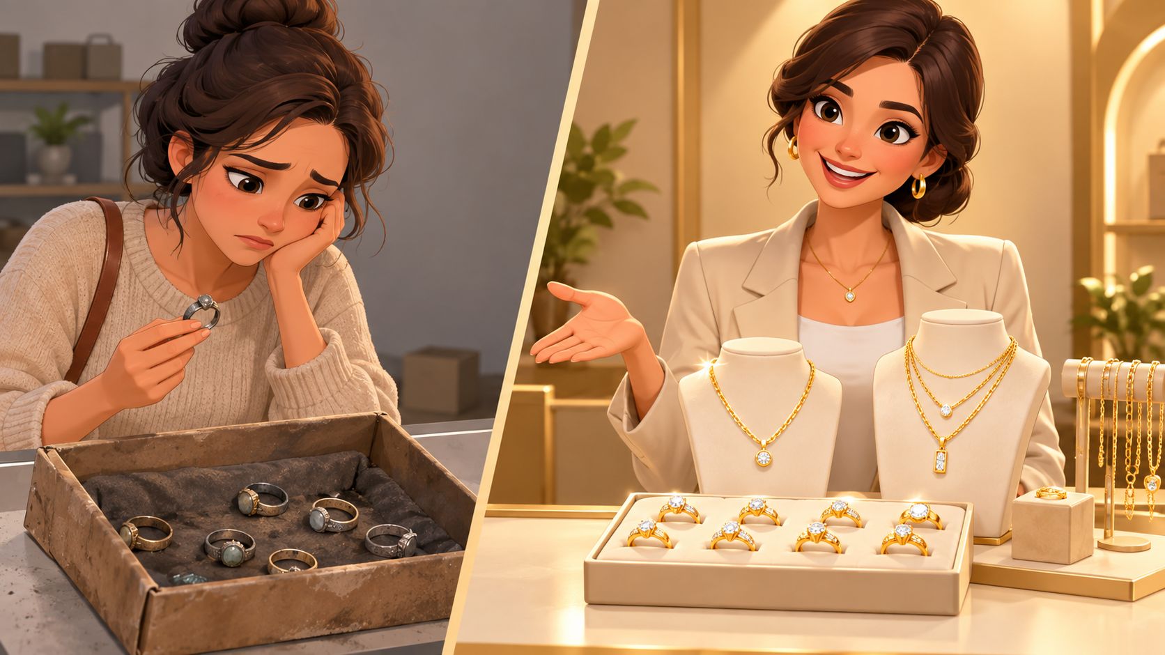 A split-screen comparison showing a woman looking sad at rustic rings versus a happy jeweler displaying gold jewelry.