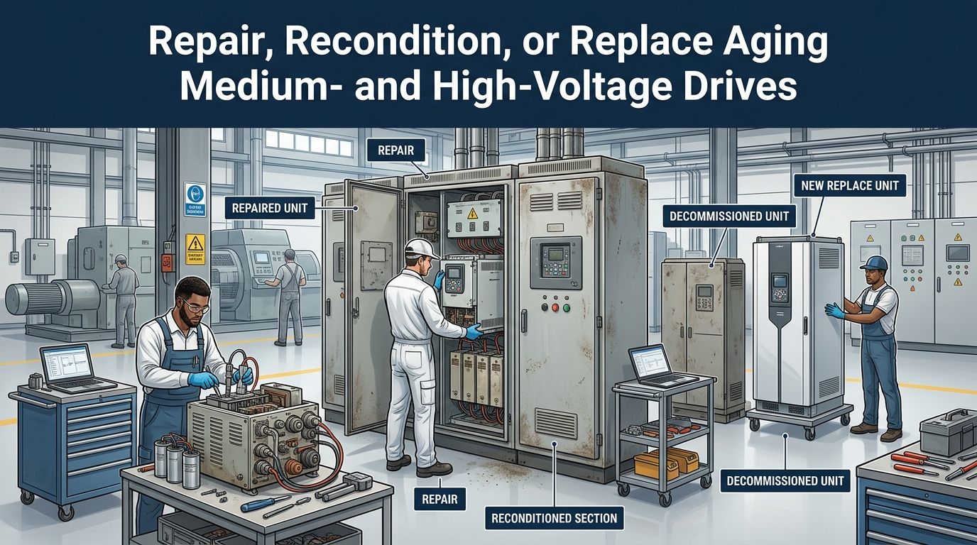 Technicians repairing, reconditioning, and replacing industrial variable speed drive units in a factory setting.