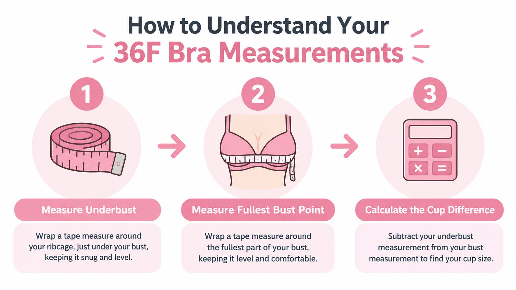 A three-step infographic explaining how to measure yourself to determine your correct 36F bra size.