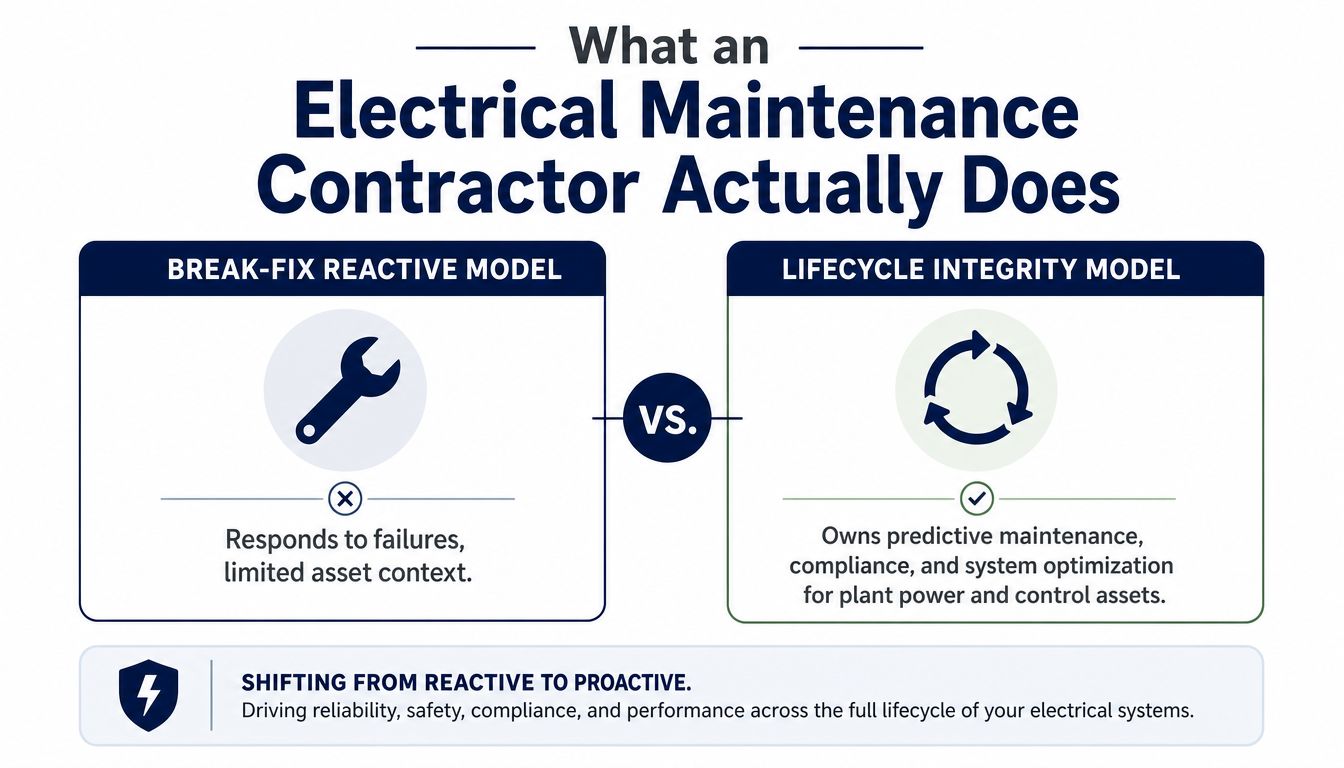 A comparison chart showing the differences between the reactive break-fix model and the proactive lifecycle integrity maintenance model.