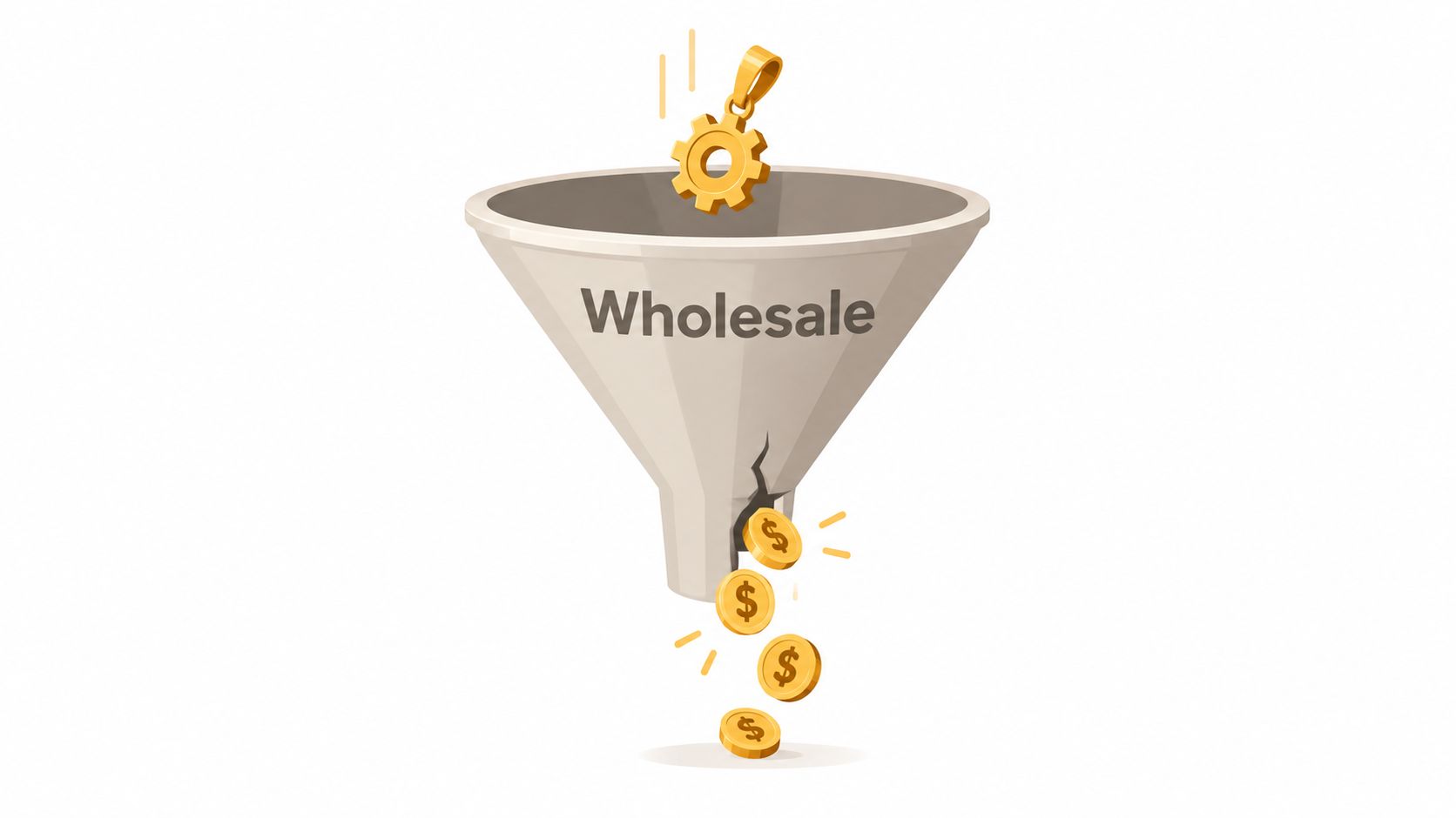 A gold gear pendant falling into a funnel labeled Wholesale, representing broken profit generation.