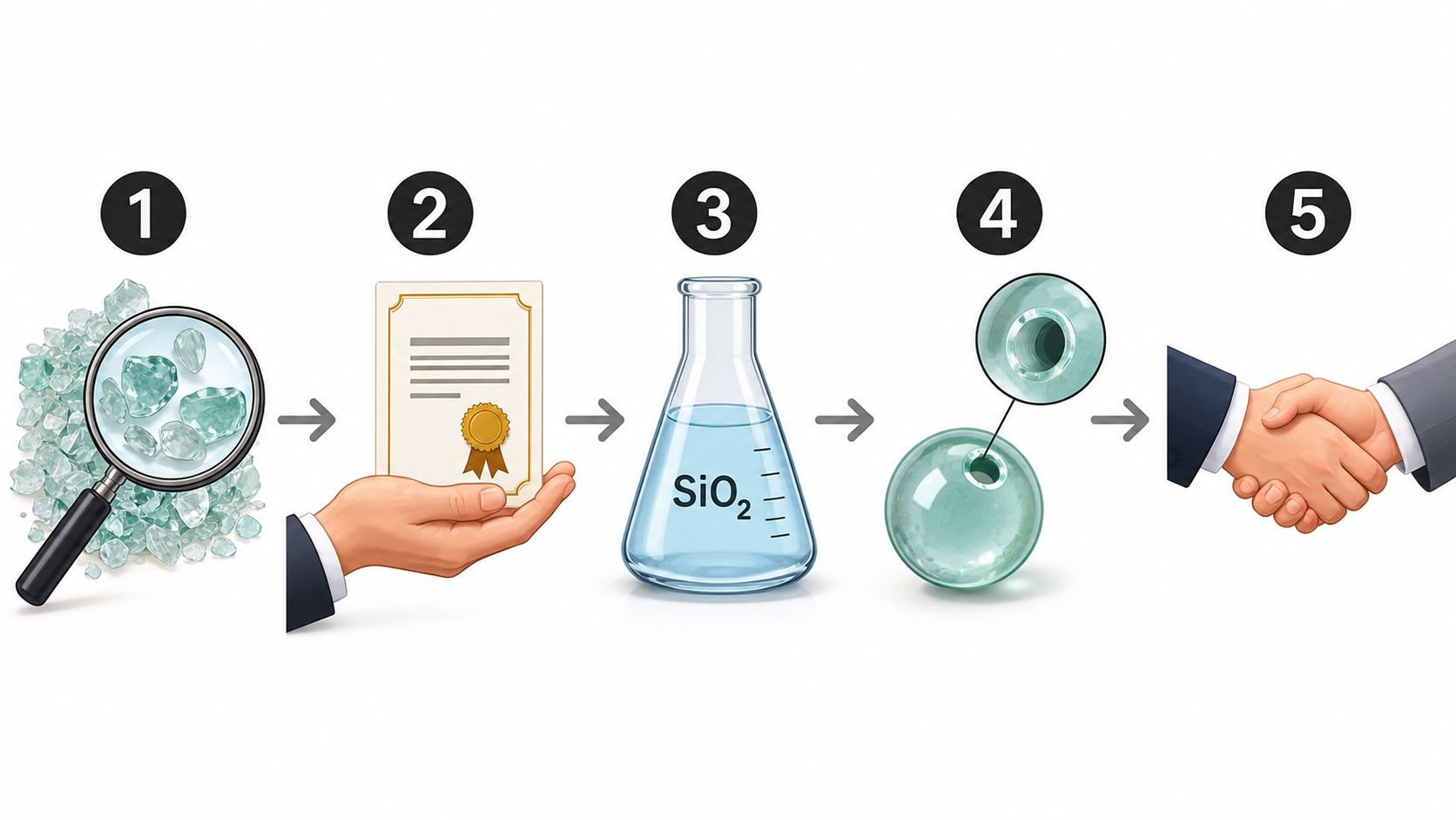 A five-step infographic showing the manufacturing process of handmade glass beads from raw materials to final sale.