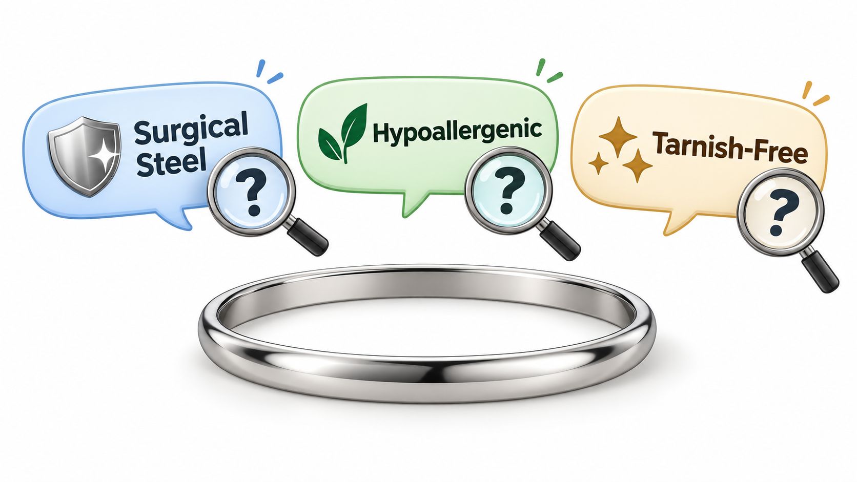 A silver metal ring surrounded by three speech bubbles highlighting surgical steel, hypoallergenic, and tarnish-free qualities.