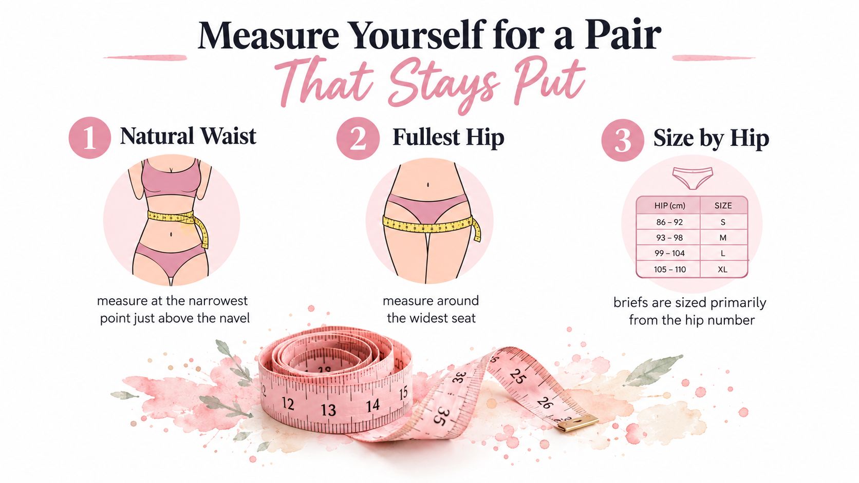 A guide on how to measure your waist and hips to find the correct size for briefs.