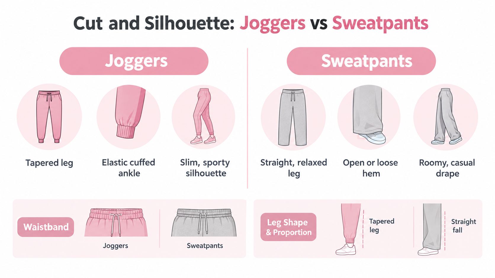 An infographic comparing the differences in cut, silhouette, waistband, and leg shape between joggers and sweatpants.