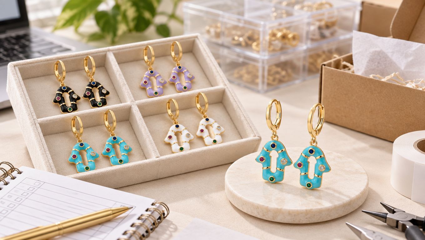 Bohemian Geometric Earrings for Women with Copper Base Plated in 18K Gold and Enamel-Set Zirconia