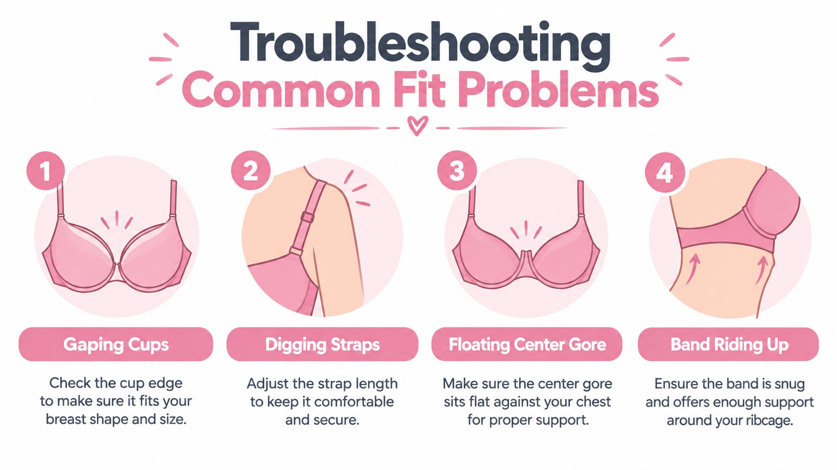 An infographic illustrating four common bra fit problems including gaping cups, digging straps, floating center gore, and band riding up.