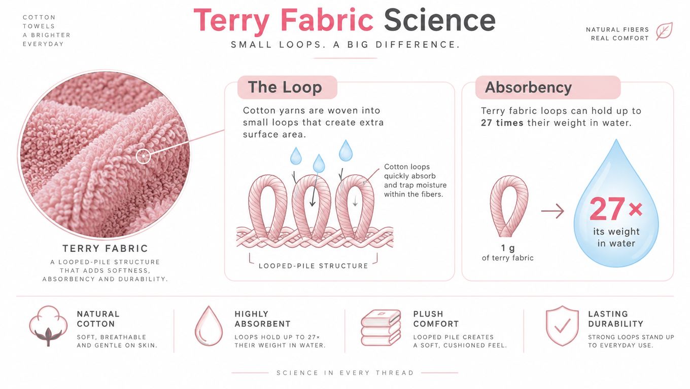 An infographic explaining the science of terry fabric, focusing on looped pile structure and its high absorbency.