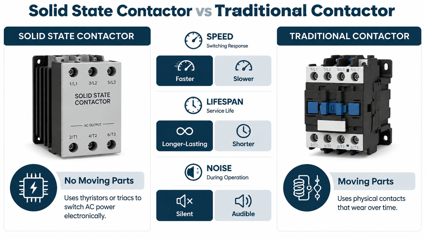 A comparison infographic showing the key differences between solid state contactors and traditional contactors in electrical systems.