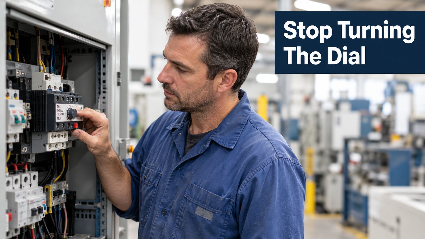 A factory technician adjusting the dial on a thermal overload relay inside an electrical control panel.