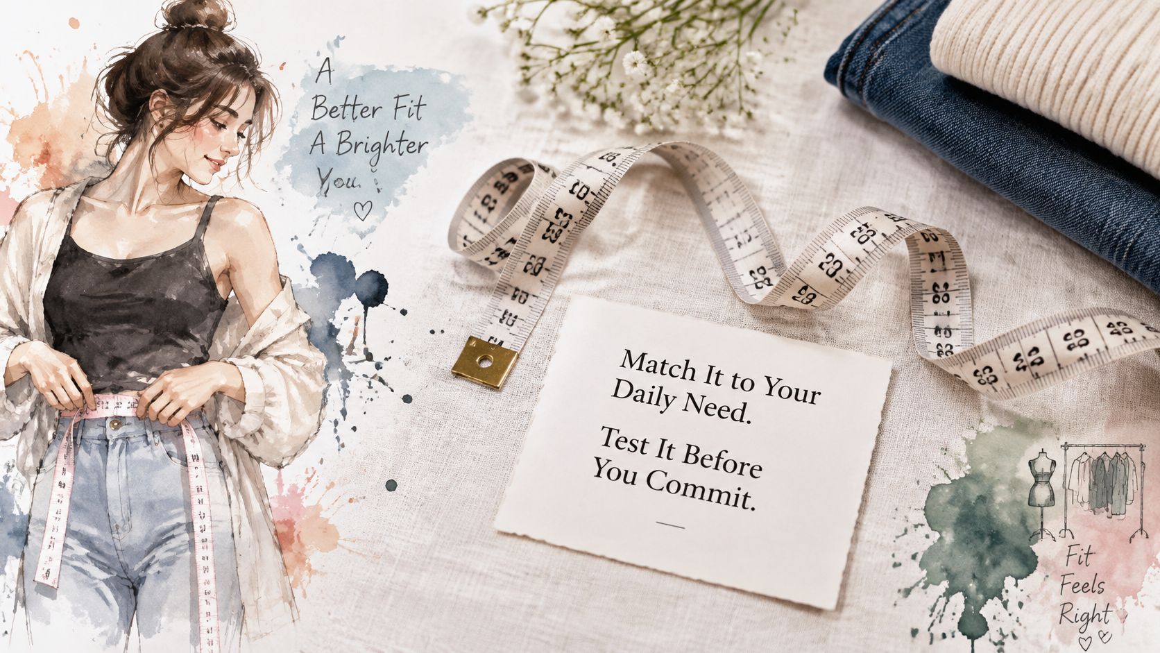 A watercolor illustration of a woman measuring her waist next to a measuring tape and clothing.