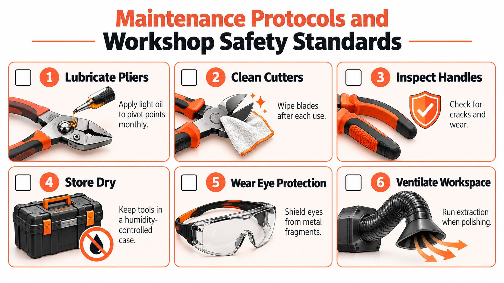 A visual guide outlining six essential maintenance protocols and workshop safety standards for using jewelry supplies tools.