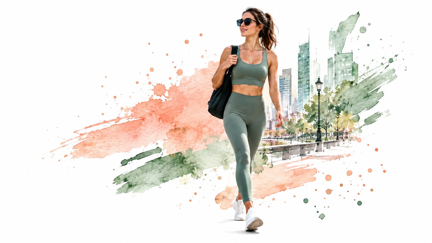 A fit woman in athletic wear walks through a city park with a gym bag.