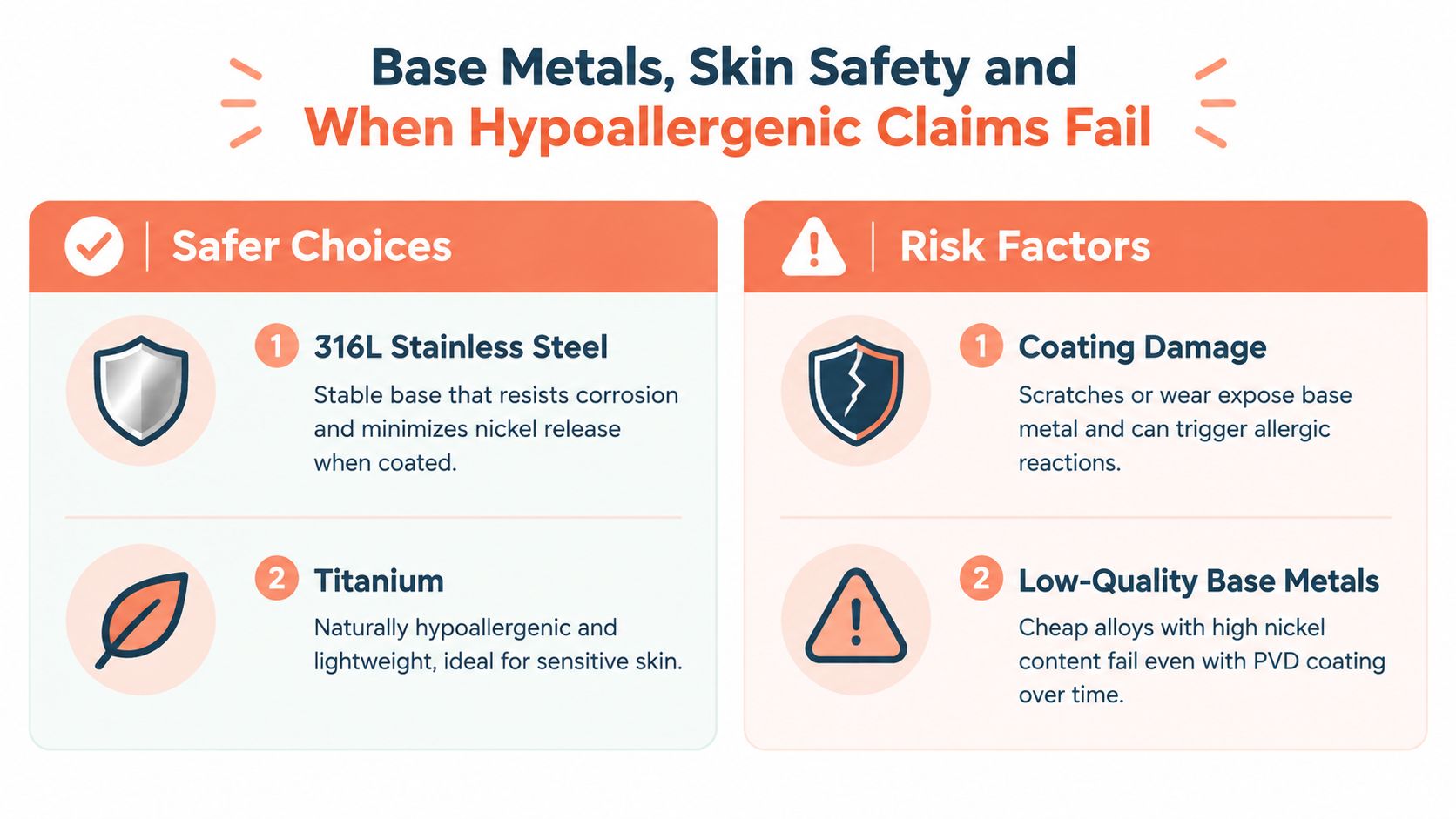 An infographic comparing safer jewelry metals like stainless steel and titanium against common skin allergy risk factors.